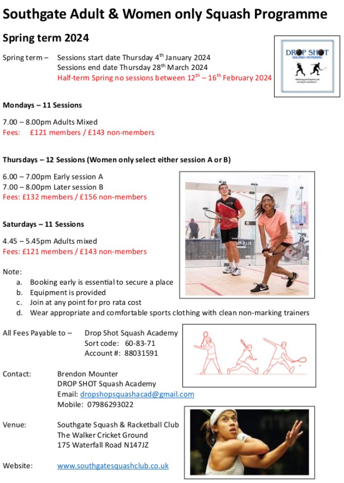Adult &amp; Women Only Squash Coaching Programme <a href="/S_SR_C/">SSRC</a>. Spring 2024 sessions start 4th Jan 2024. Equipment provided. Booking early is essential to reserve a place.