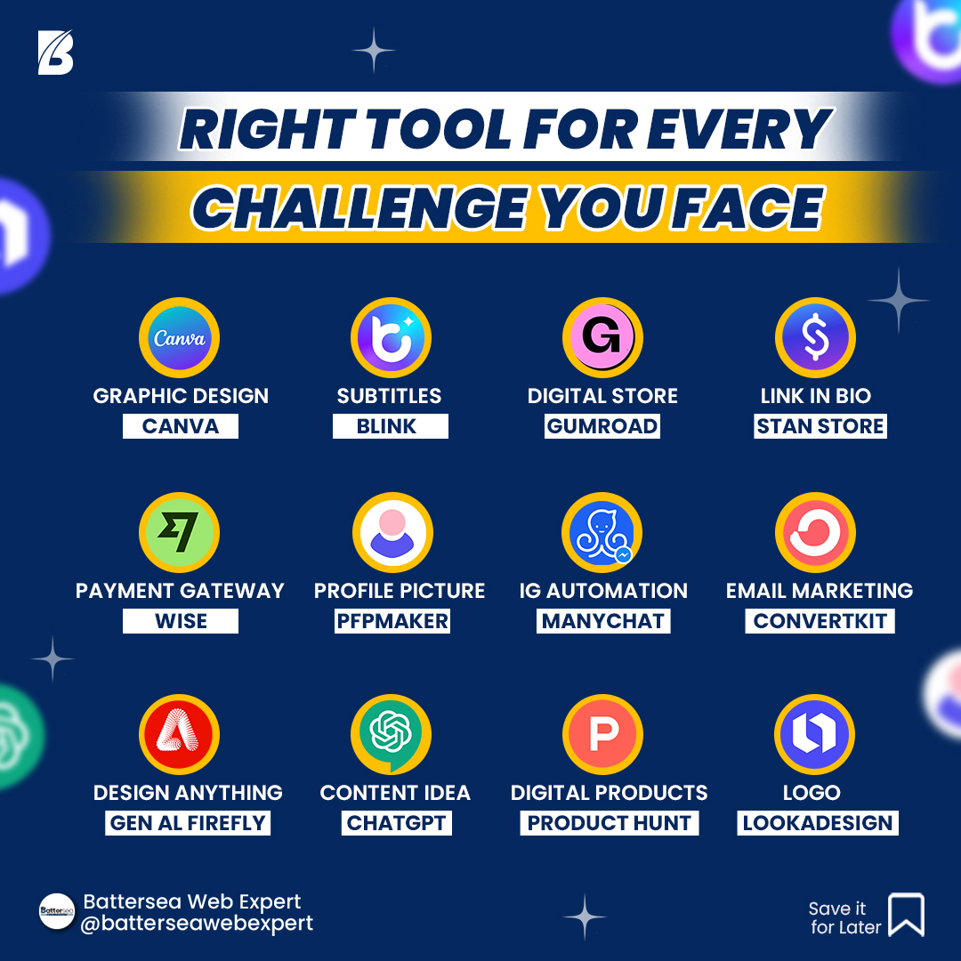 Facing challenges? Grab the right tool for the job! 

#socialmediamarketing #canva #chatgt #emailmarketing #emailmarketingtools #contentcreation #marketing #marketingtips #paymentgateways #profilepicture #logodesigning #digitalmarketing #digitalmarketingtips #batterseawebexpert