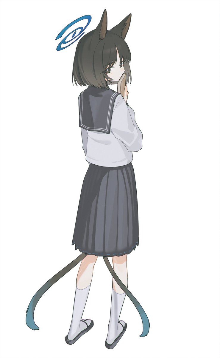 kikyou (blue archive) 1girl solo animal ears skirt tail school uniform simple background  illustration images
