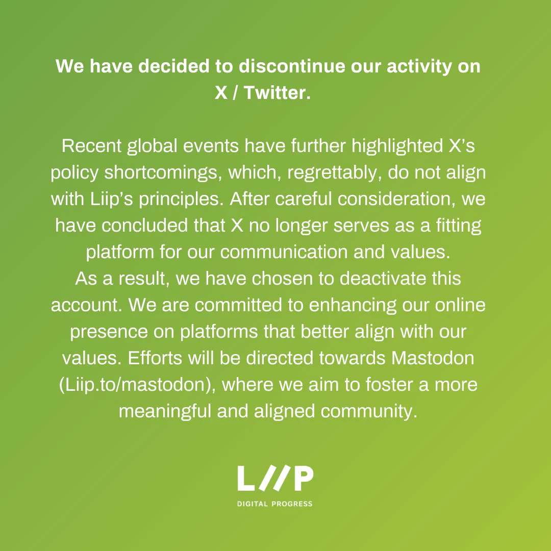 We have decided to discontinue our activity on X / Twitter.  
Recent global events have further highlighted X’s policy shortcomings, which, regrettably, do not align with Liip’s principles. After careful consideration, we have concluded that X no longer serves as a fitting platform for our communication and values.
As a result, we have chosen to deactivate this account. We are committed to enhancing our online presence on platforms that better align with our values. Efforts will be directed towards Mastodon (Liip.to/mastodon), where we aim to foster a more meaningful and aligned community.
Liip