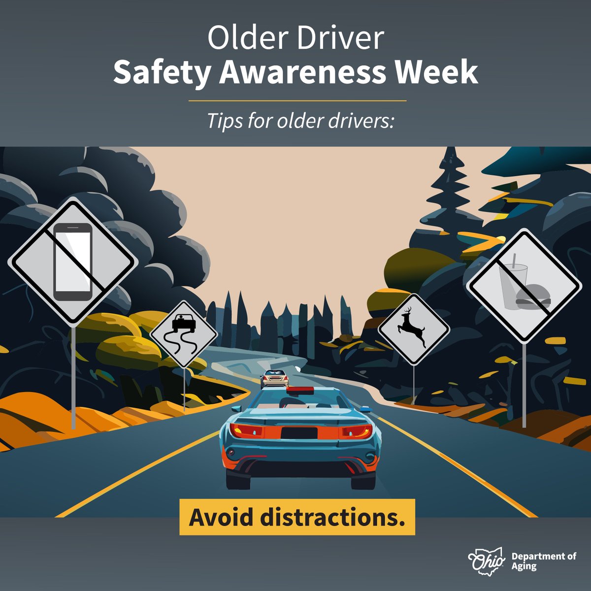 Distractions are everywhere in your car. From the radio to your cell phone or even some snacks, be sure to avoid distractions while you’re driving so you get safely from Point A to Point B.

Learn more: aging.ohio.gov/olderdrivers