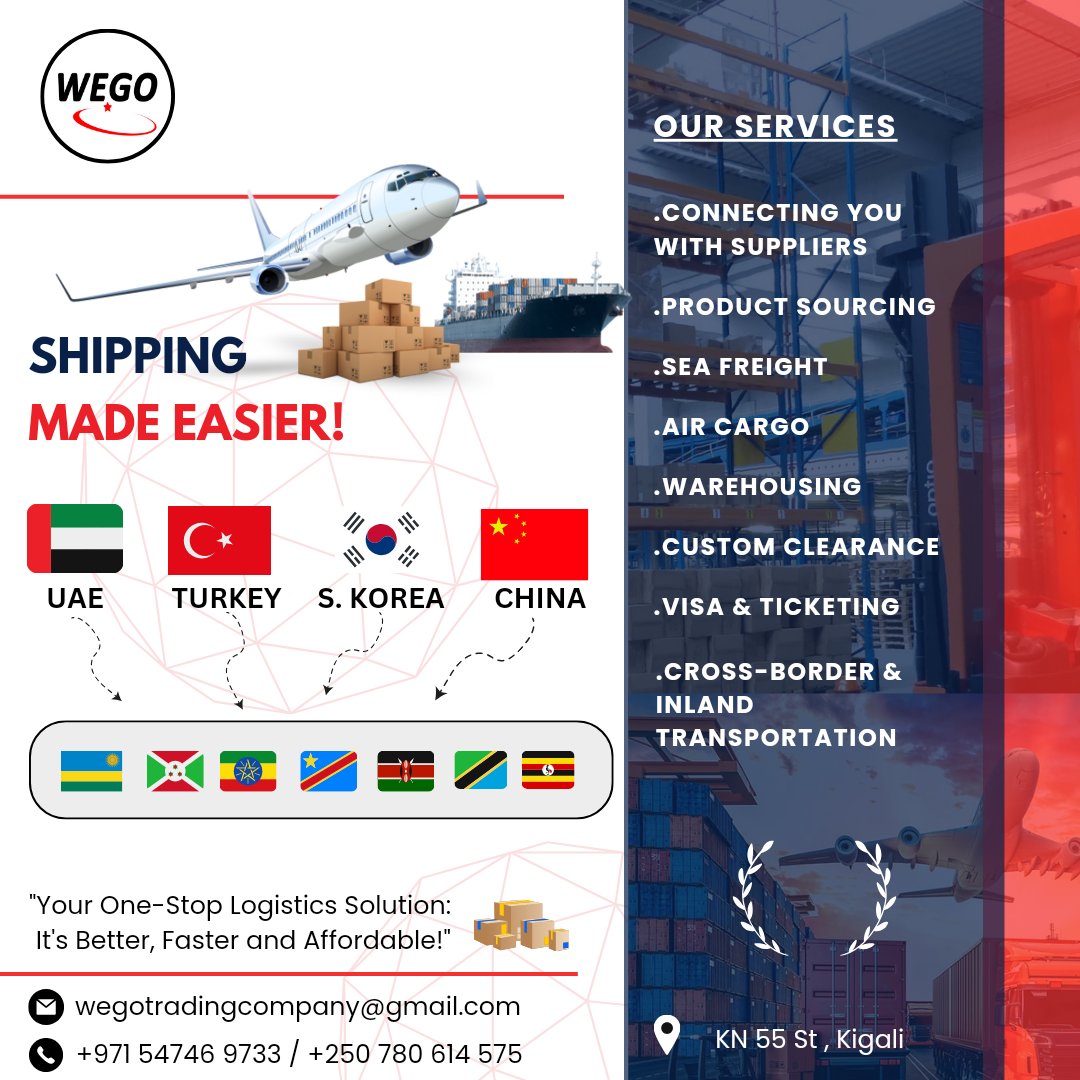 Connecting the World: From China, Dubai, Turkey, South Korea.
We are your gateway to East Africa🇷🇼🇧🇮🇨🇩🇪🇹🇹🇿🇰🇪! 🌍
⛴️✈️ It's Better, Faster and Affordable Logistics – We Deliver Excellence! 🚚📦 
#wego
#wegologistics
#connectingtheworld 

Follow :@Wego_Tronics