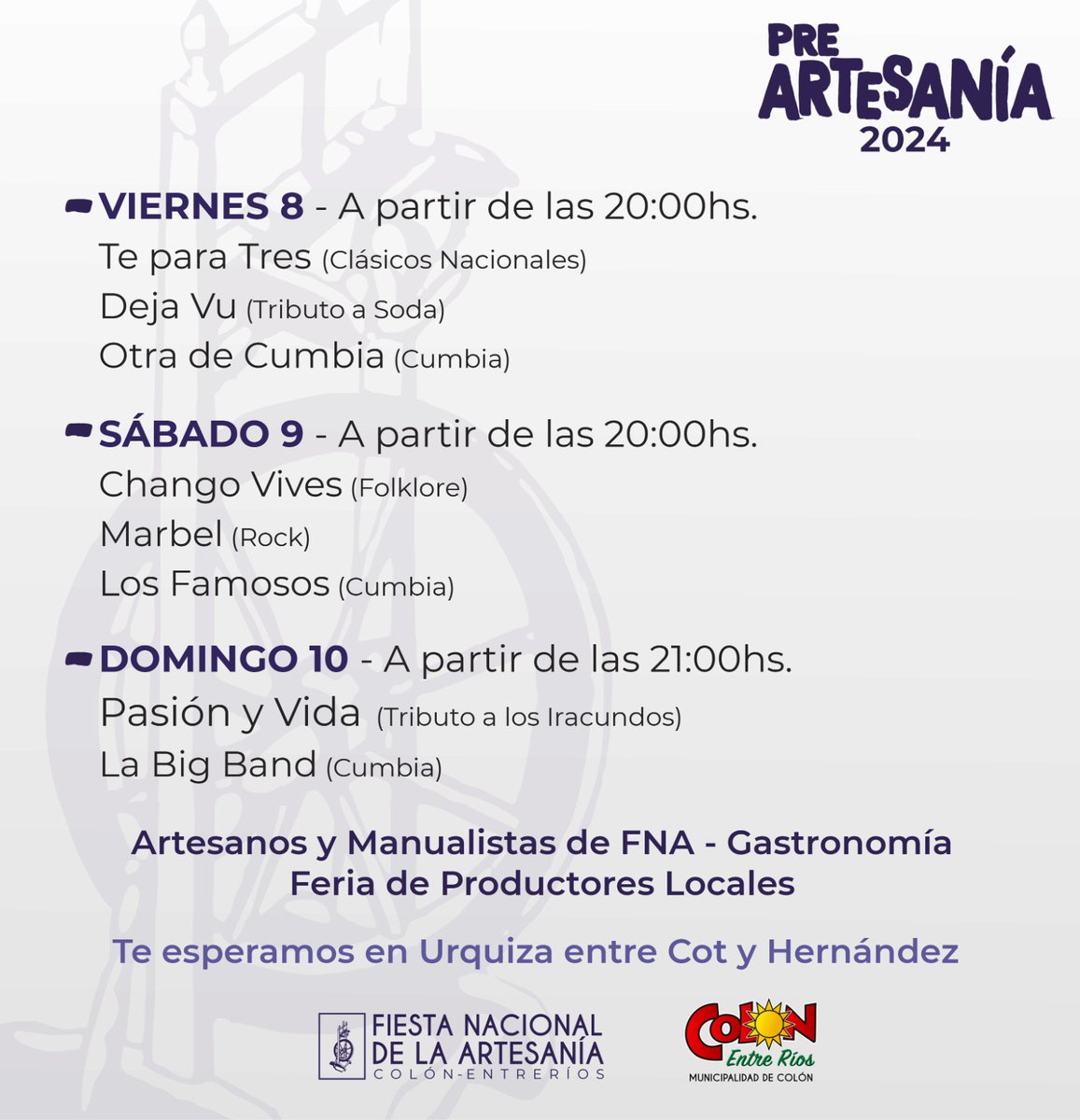 💜🏺 𝙋𝙍𝙀 𝘼𝙍𝙏𝙀𝙎𝘼𝙉𝙄𝘼 𝟮𝟬𝟮𝟰 - ¡𝗙𝗜𝗡 𝗗𝗘 𝗦𝗘𝗠𝗔𝗡𝗔 𝗟𝗔𝗥𝗚𝗢 𝗘𝗡 𝗖𝗢𝗟𝗢𝗡! Conoce la agenda de eventos para compartir y disfrutar en familia.

📍 Calle Urquiza entre Cot y Hernández. 🕣 Desde las 19:00 hs.