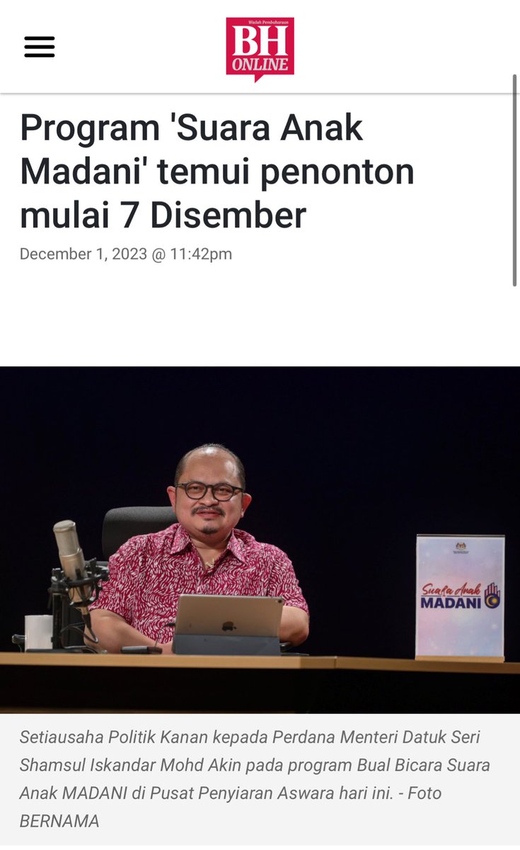 SuaraAnakMadani's tweet photo. Apa itu Suara Anak Madani?

SUARA ANAK MADANI adalah program bual bicara (talk-show) dimana ia menampilkan Datuk Seri Shamsul Iskandar yang merupakan Setiausaha Politik Kanan PMX sebagai hos/moderator &amp; disertai oleh seorang lagi moderator (co-host) serta tetamu2 jemputan.

1/5 https://t.co/1cvGyCthbu