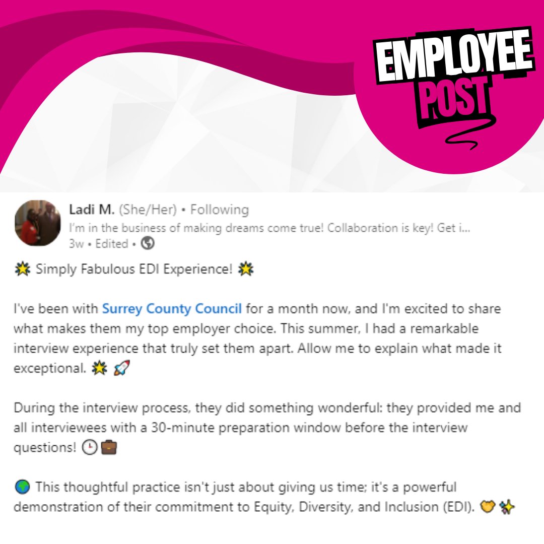 SurreyCCCareers's tweet image. What an incredible post from Ladi who recently started working with us and shares her thoughts on what makes Surrey County Council her top employer choice! 

#NoOneLeftBehind #EmployerOfChoice #InterviewExperience #Surrey #SurreyJobs #SurreyCountyCouncil