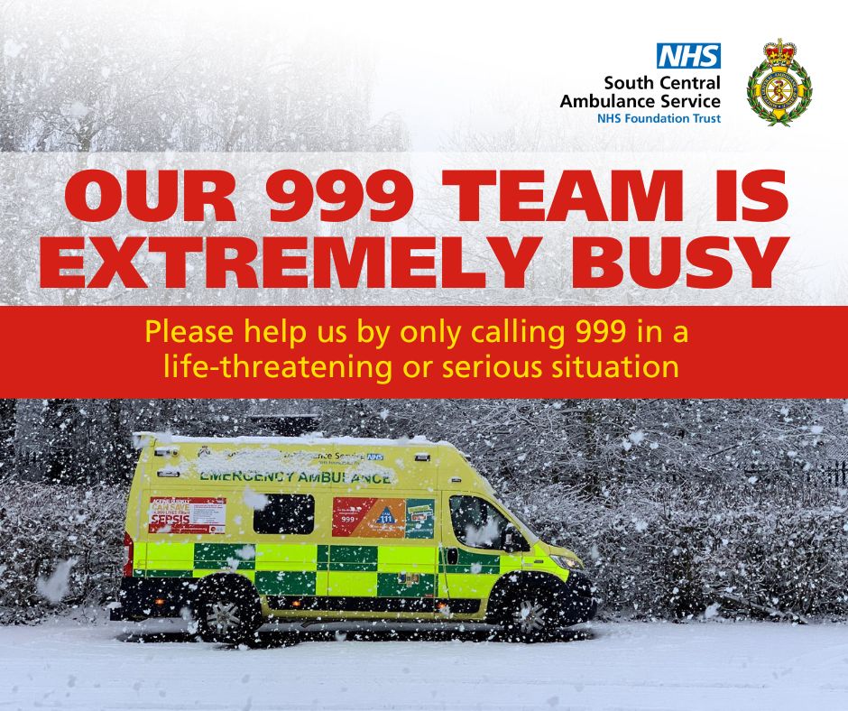 Our 999 teams are extremely busy today.
As a result, some patients calling 999 who do not have a serious or life-threatening emergency requiring an immediate response may be directed to use alternative, more appropriate urgent care services.
