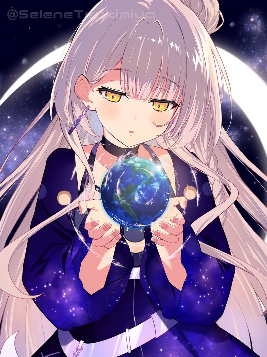 1girl solo long hair yellow eyes earrings planet jewelry  illustration images