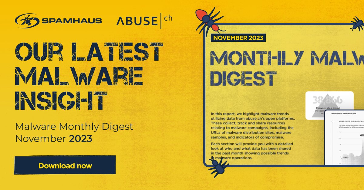 SpamhausTech's tweet photo. 🎉NOVEMBER MALWARE DIGEST | It's China again at #1 for malware distribution sites. ShadowPad dominates the ThreatFox Top 15s, 
9,242,368 file scans on YARAify, and thanks to @BryanCampbell for 2639 reports!

Read the report:👉 https://t.co/Dd8QPv4Nex
#MalwareTrends #CyberSecurity https://t.co/6oWyKxz5Zx
