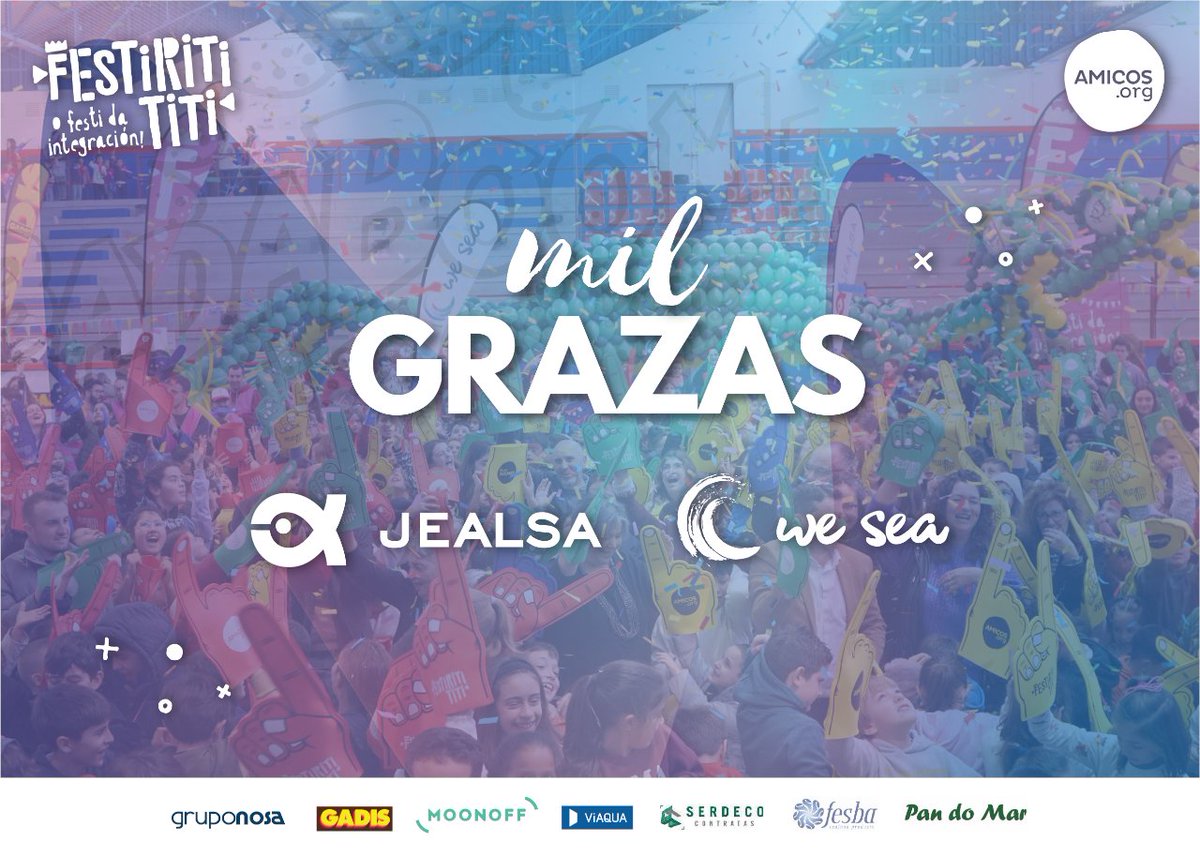 AmicosAsoc's tweet photo. Mil gracias a los 1200alumn@s de 15 centros que participaron en nuestra 6ºEdición del Festiritititi💜💙
Sin #empresasconalma como @jealsa y su programa de RSC WE SEA🌊este festival no sería tan molón😍
Colaboraron #Gruponosa #Moonoff @gadis @VIAQUA #Serdeco #Fesba y #PandoMar https://t.co/NLLdlBfn9U