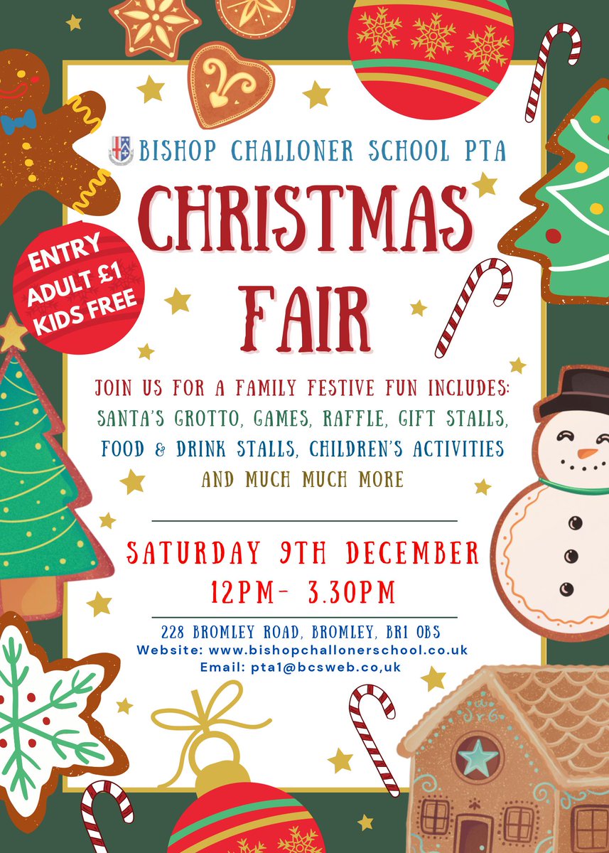 Join us this Saturday 9th December for our Christmas Fair 🌲 Find unique Christmas gifts, win prizes, and meet Santa! 🎅⛄ #ChristmasFair #SchoolChristmasFair #BromleyEvents