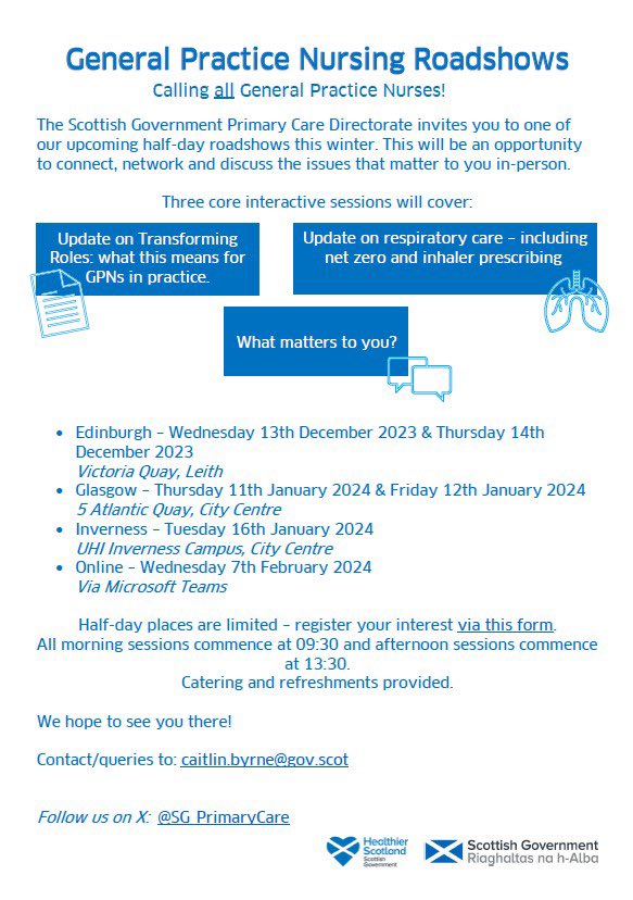 Calling all of Scotland’s GPNs 📣 Please sign up & attend 1 of these GPNs Roadshows. It’s YOUR opportunity to share your views & thoughts & have them all heard! Each session offers networking & CPD revalidation hours too! See you there - link below 👇🏻 forms.office.com/e/z6urRuP3Ga