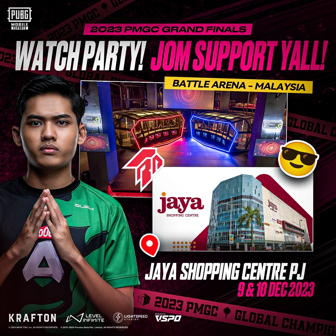 📣 Calling all PUBG Mobile fans and Yoodo Alliance supporters 📣

The 2023 PMGC Grand Finals Watch Party will be happening this weekend at our arena! 🤩

Doors open at 6PM and there will also be exclusive prizes to be given away. Don't miss out! 😉

#BattleArenaMY #PMGC2023