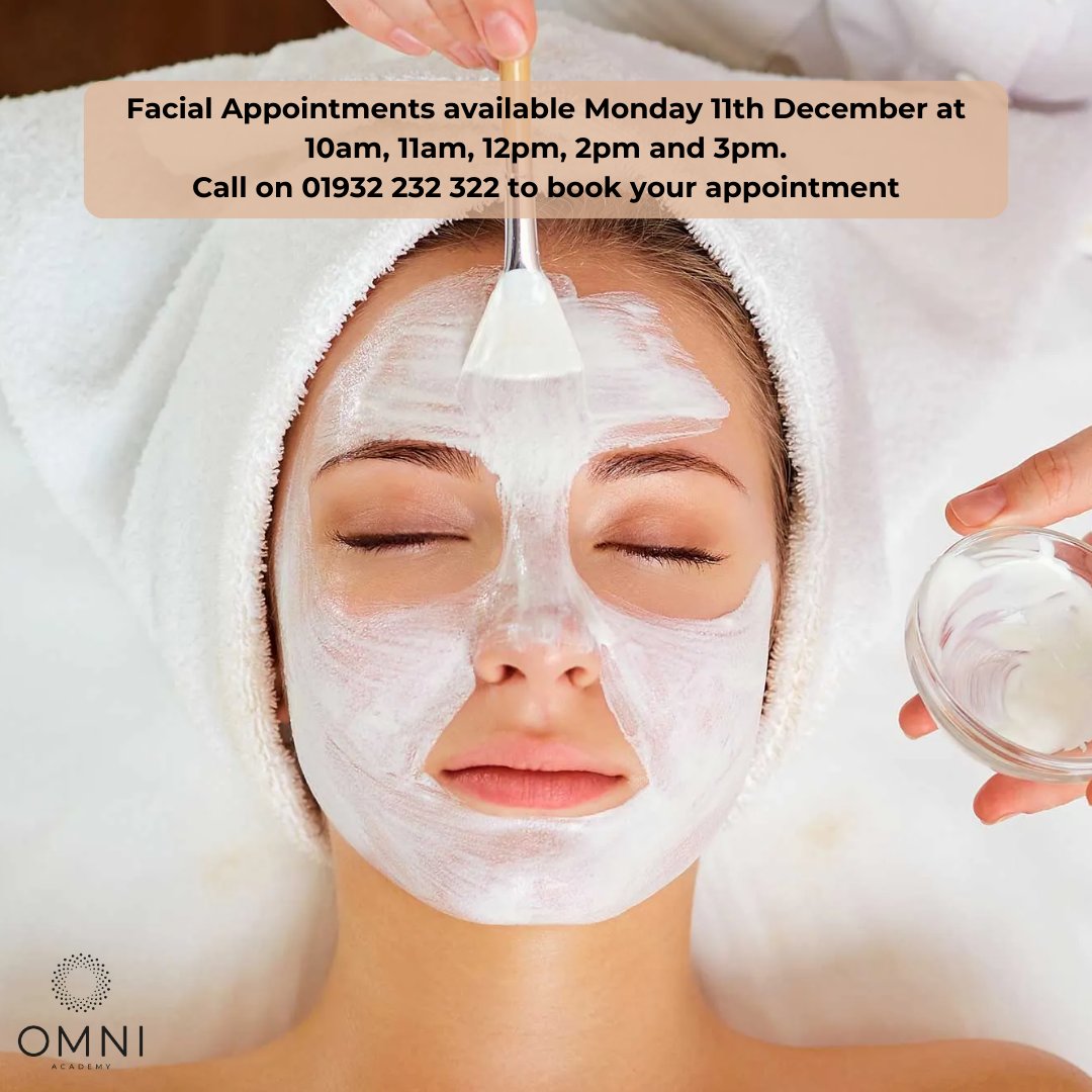 We have appointments left at each of the following times for a Facial treatment this Monday, 11th December:
10am / 11am / 12pm / 2pm / 3pm
Start the Christmas Skincare Prep for just £10!
Call 01932 23 23 22 to book!

#seasonalskincare #beautytrainingsurrey #OmniAcademy