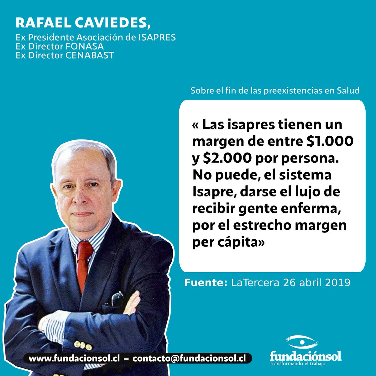 lafundacionsol's tweet photo. [Crisis Isapres] Recordamos esta frase del ex Presidente de la Asociación de Isapres frente al fin de las preexistencias en el sistema privado de salud. Entre 1990 y 2022, las Isapres han acumulado ganancias por más de $1,3 billones. https://t.co/TaEcMKiPBu