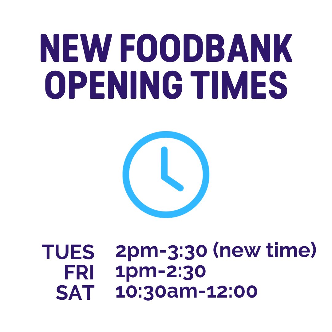 From 12 December our foodbank will be open on Tuesdays at the new time of 2-3:30pm Open as usual on Fridays and Saturdays.