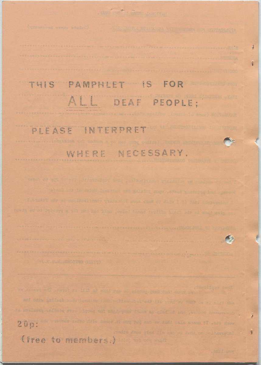 #50ObjectFriday Object 15, chosen by @StageKirstie, is the National Union of the Deaf's 'Blueprint for the Future', found in the @The_TUC collection here at the MRC. Kirstie described the NUD as a 'fascinating and important' case study for modern British history @BDA_Deaf