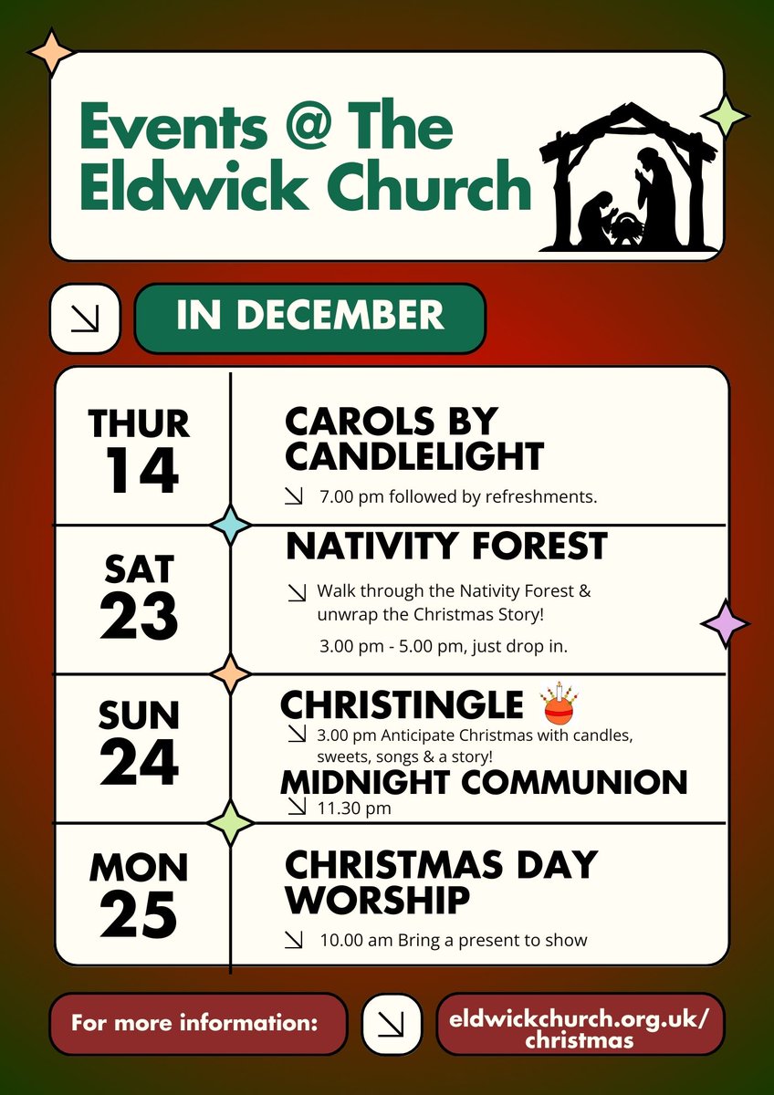 There's a lot going on during December at The Eldwick Church.  Here are our special Christmas events

#Advent2023 #Carols #NativityForest #Christingle #ChristmasEve #ChristmasDay