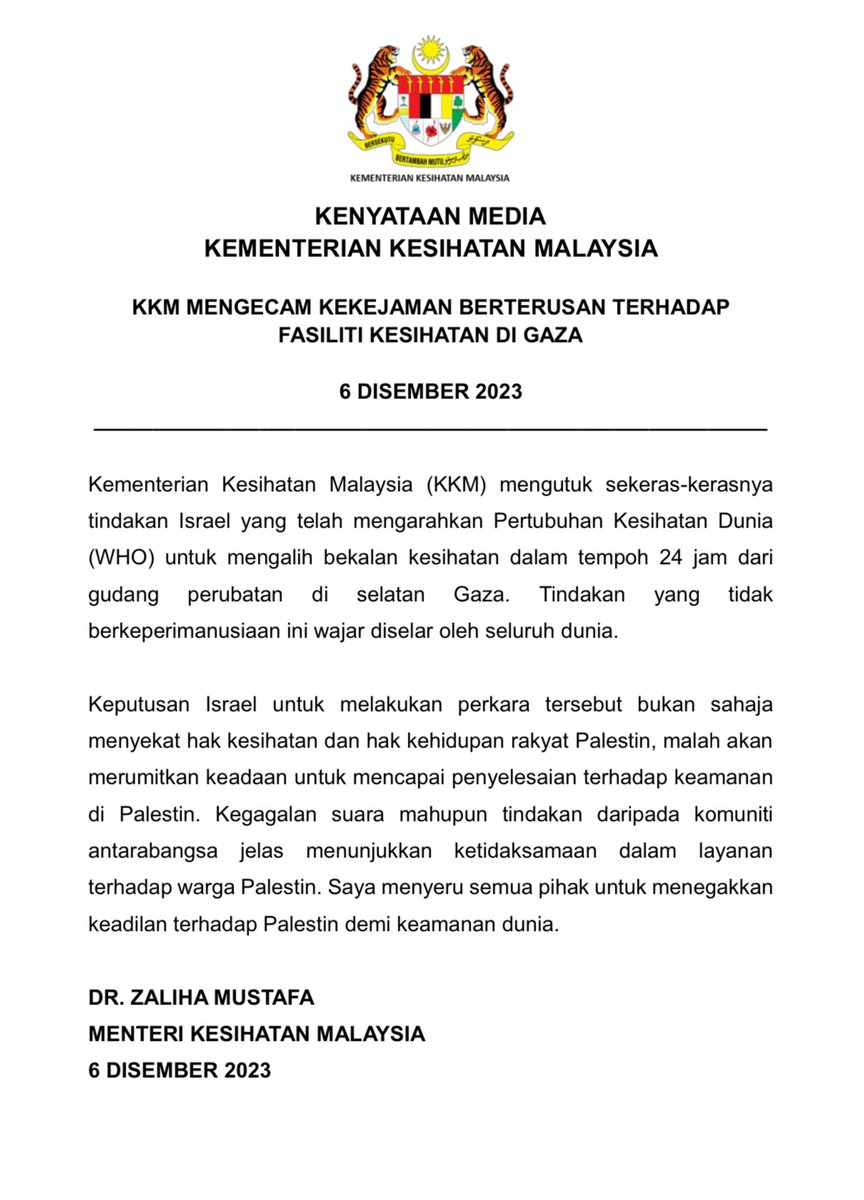 Kenyataan Media Kementerian Kesihatan Malaysia

KKM Mengecam Kekejaman Berterusan Terhadap Fasiliti Kesihatan Di Gaza