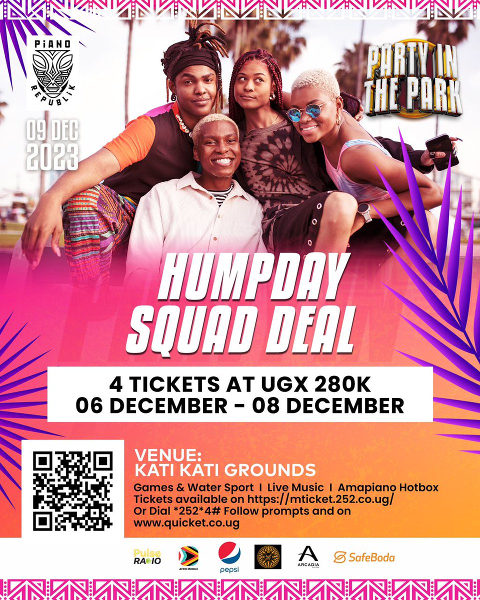 Get your squad together and  get your tickets to the hottest party in town with just a click! #PartyInTheParkUG promises a day of music, laughter, and good times. 

Don't miss out – grab your squad tickets now via mticket.252.co.ug. 

#PulseRadioUG