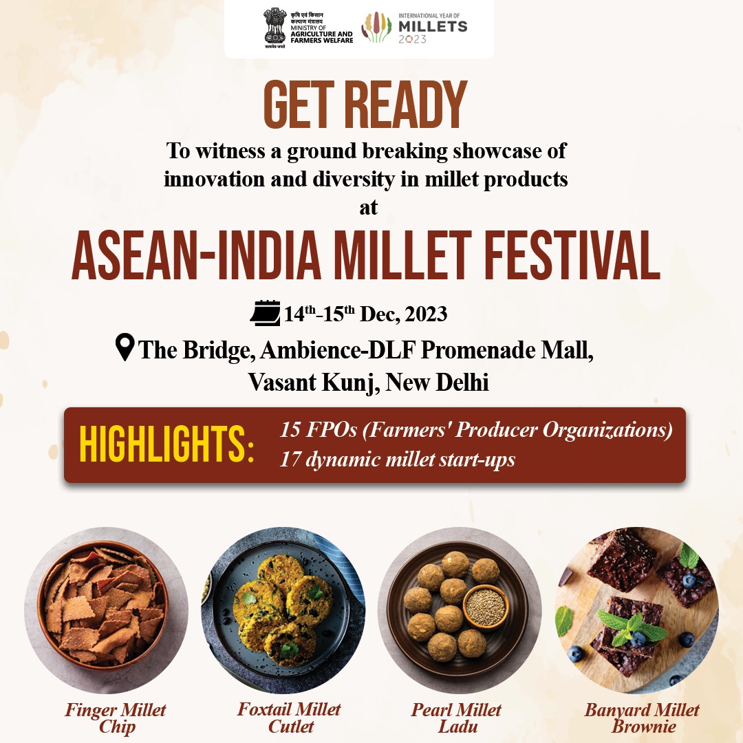IYM2023's tweet photo. Witness innovation and diversity in millet products! 15 FPOs and 17 dynamic millet start-ups are gearing up to showcase their incredible offerings at the ASEAN-India Millet Festival. 
Join us at The Bridge, Ambience DLF Promenade Mall in Vasant Kunj, New Delhi.

#IYM #MilletFest https://t.co/sHXtfs9QSj
