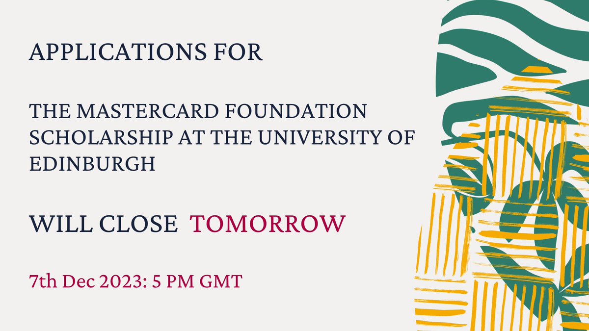 MCFScholarsEd (@mcfscholarsed) on Twitter photo ⏰ Applications for the #MastercardFoundation Scholars Program at the University of Edinburgh close tomorrow⏰
Review and submit your application ASAP!
Successful scholars will be invited to apply to their chosen postgraduate programmes at <a href="/EdinburghUni/">The University of Edinburgh</a>
#NurturingClimateLeaders ⏰ Applications for the #MastercardFoundation Scholars Program at the University of Edinburgh close tomorrow⏰
Review and submit your application ASAP!
Successful scholars will be invited to apply to their chosen postgraduate programmes at <a href="/EdinburghUni/">The University of Edinburgh</a>
#NurturingClimateLeaders