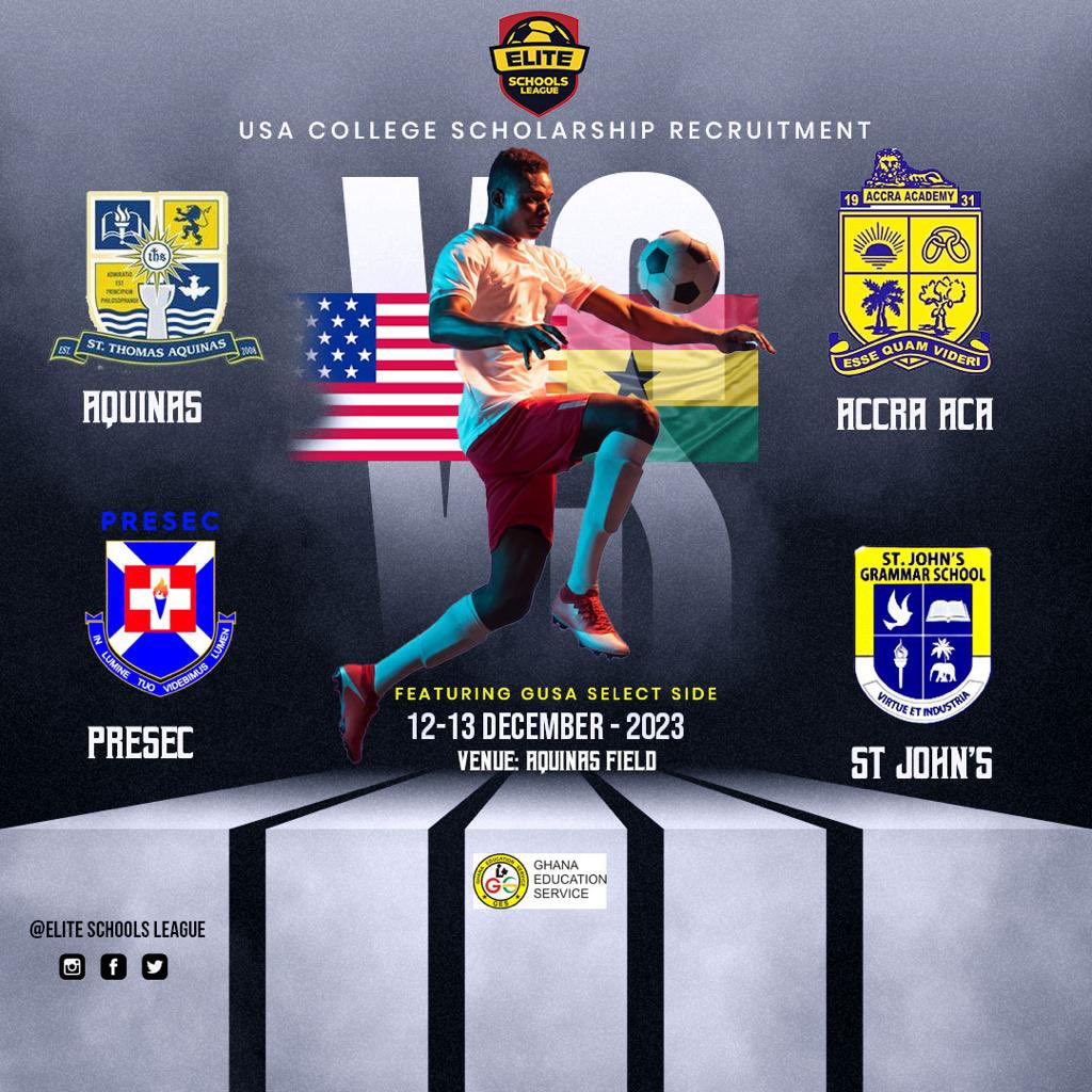 EXCLUSIVE: 

We are organizing a four-school tourney/USA college scholarship recruitment event in Accra. 

Details in poster

For more contact:

Awa Lathan
Brands &amp; Marketing
+1 437 238 8968