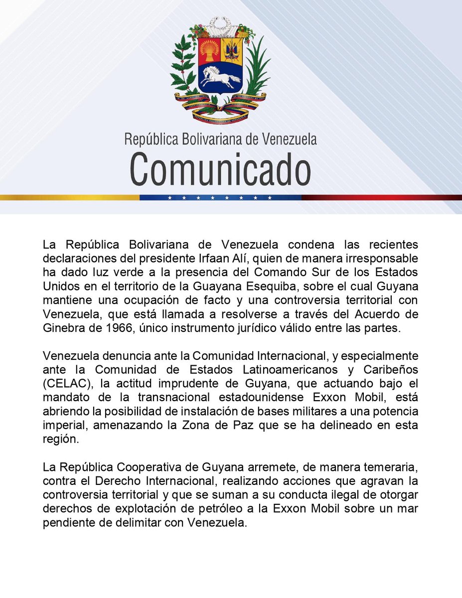 Corpoagrourbana's tweet photo. #Comunicado Venezuela condena las recientes declaraciones del presidente Irfaan Alí, quien de manera irresponsable ha dado luz verde a la presencia del Comando Sur de los Estados Unidos en el territorio de la Guayana Esequiba.

#JuntosPorNuestraSoberanía #6Dic https://t.co/wBsuS8PoXI