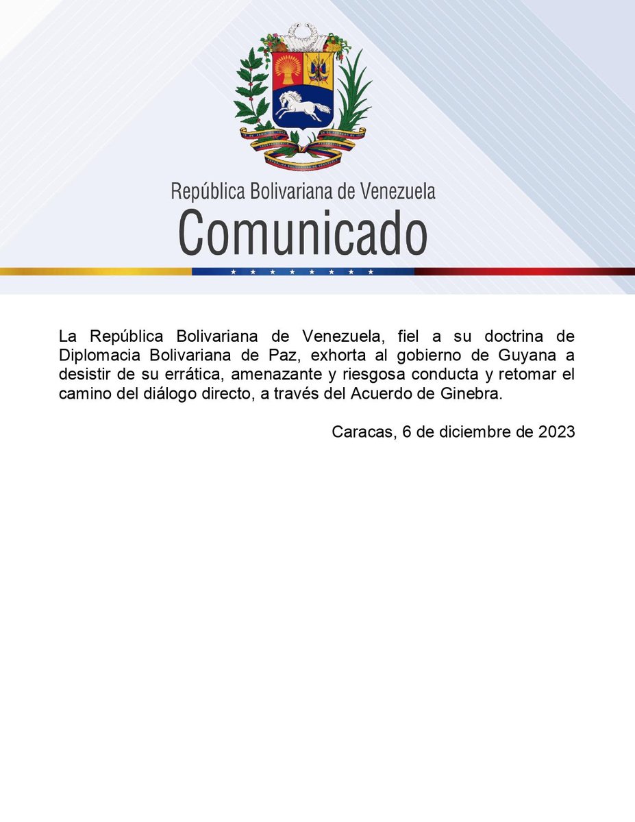 #Comunicado Venezuela condena las recientes declaraciones del presidente Irfaan Alí, quien de manera irresponsable ha dado luz verde a la presencia del Comando Sur de los Estados Unidos en el territorio de la Guayana Esequiba. #JuntosPorNuestraSoberanía #6Dic