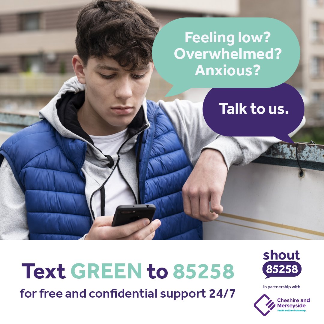 Shout 85258 is a free, confidential, 24/7 text message support service if you're feeling overwhelmed or are struggling to cope.
To start a conversation with someone from Alder Hey, text the word GREEN to 85258 if you’re under 18, text HEAL if you’re over 18.