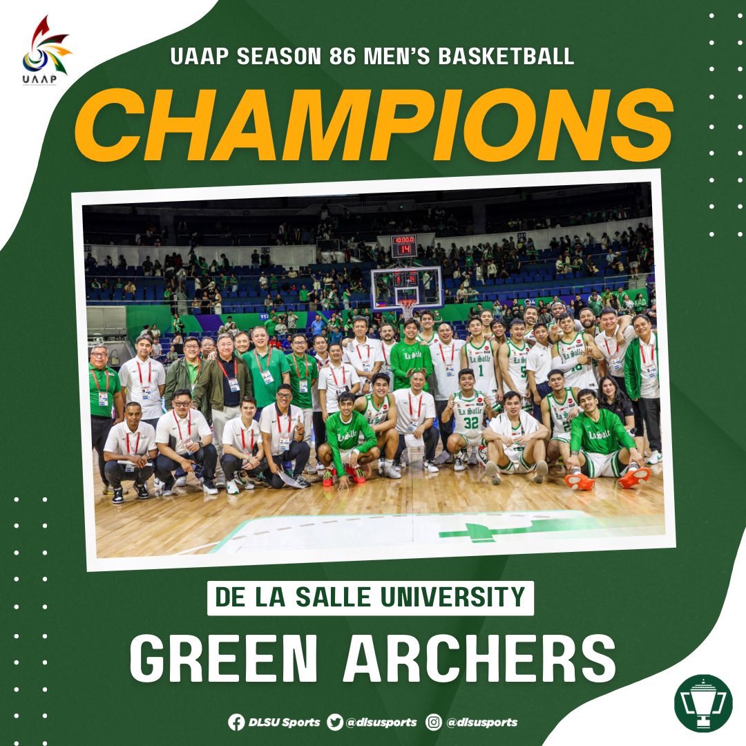 A-TEN ‘TO! 🏆 

After 7 years, the DLSU Green Archers mark their TENTH Championship title after a massive thriller in defeating the UP Fighting Maroons in the #UAAPSeason86 Men’s Basketball Finals Game 3, 73-69! 🙌🏻

#FuelingTheFuture #GreenAllIn4TheWin #AnimoLaSalle #GoLaSalle
