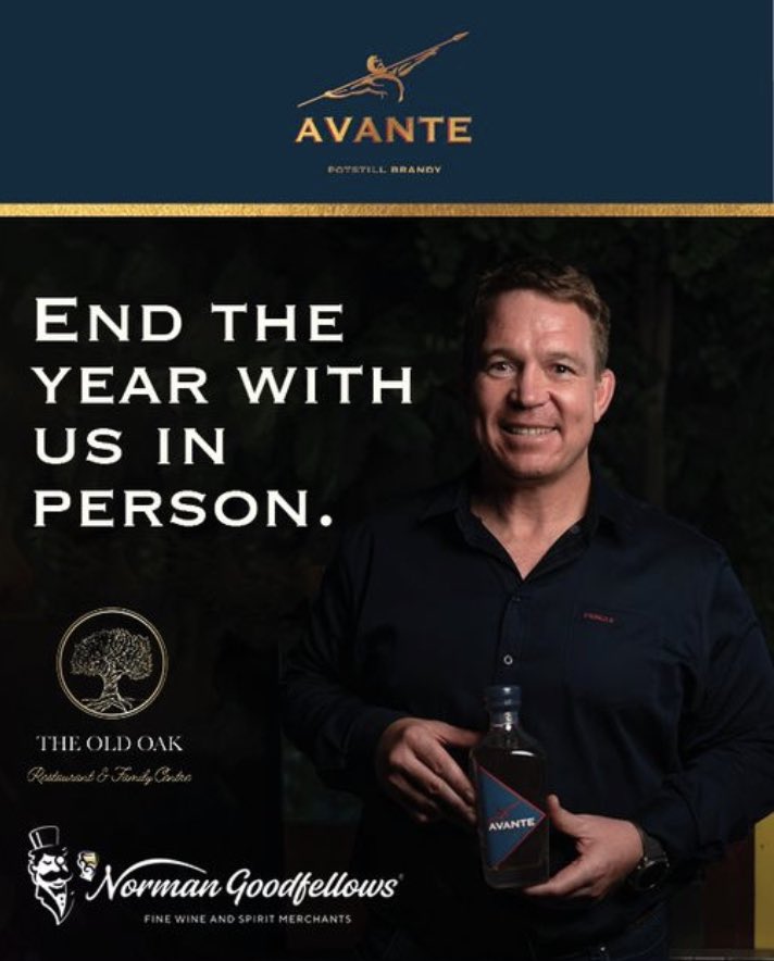 A couple spots still available for this incredible evening. Purchase a bottle of @AvanteBrandy and join @JohnSmit123 @SchalkBrits @jimhamilton4 and @butch_james this Friday at the Old Oak Restaurant. 🥃 Arrival 17h00 🏉 kick off 17h45 📧 info@breakfreebeverages.com