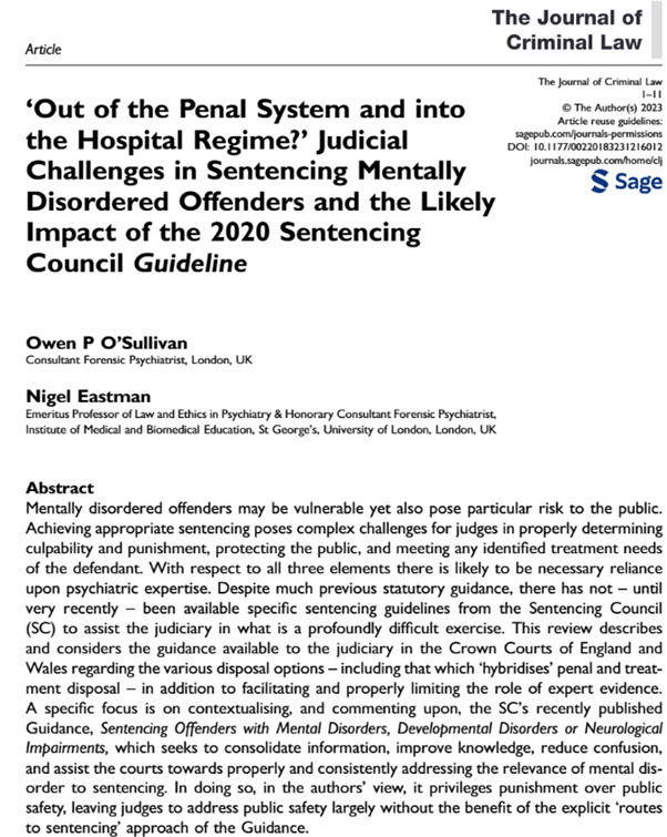 My new paper w/ late Prof Nigel Eastman in <a href="/JoCrimLaw/">The Journal of Criminal Law</a> examines #SentencingCouncil's guideline for mentally disordered offenders (2020) and its likely impact.

researchgate.net/publication/37…

#Sentencing #ExpertWitness #CriminalLaw