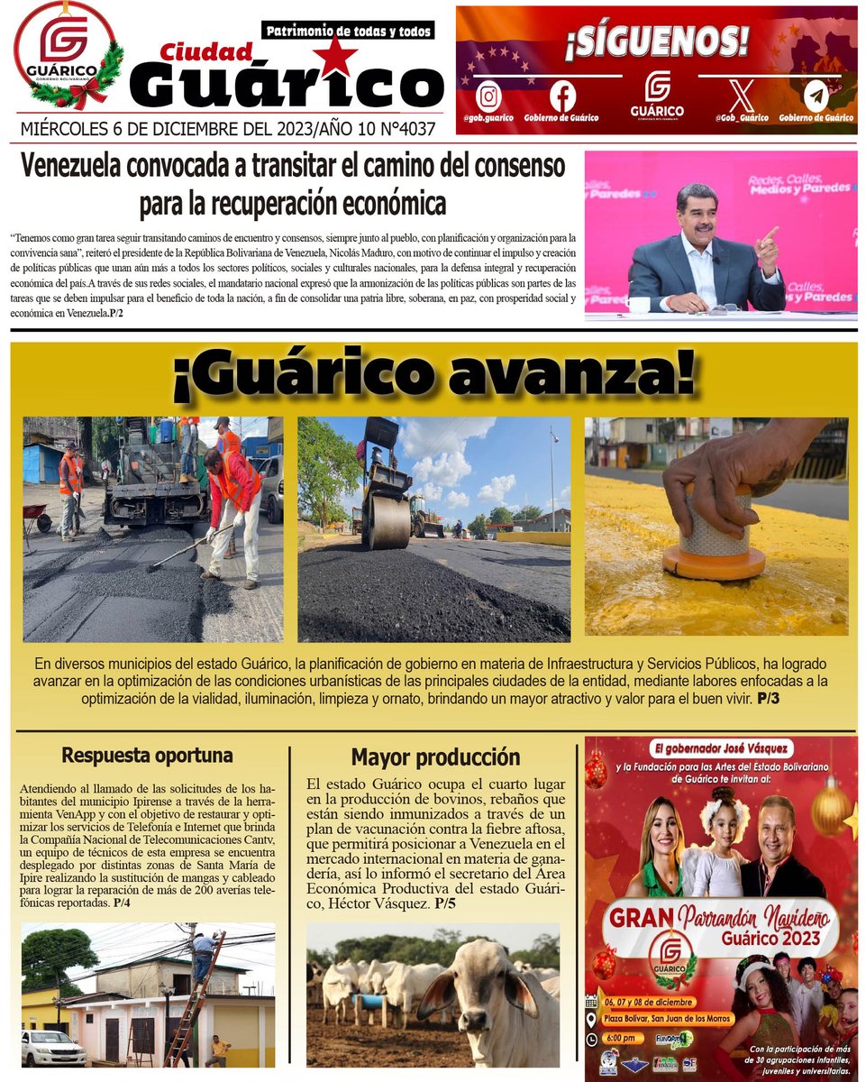 Recuerda visitar la página web🖥 del Gobierno de Guárico y no te pierdas tu #CiudadGRC.

📍Titulado hoy, Miércoles #06Dic

✅¡Guárico avanza!

#Guárico
#JuntosPorNuestraSoberanía 
#GuáricoProduce