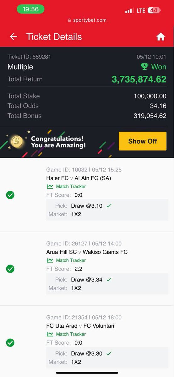 Yesterday's fixed ticket won again 🎉🎉🎉
VIP always booming 💯💯💯🥂
Make a step forward to be a winner
Come in for your VIP ticket subscription, payment after winning only for first time people who can stake high 💸💸💸
Message me on WhatsApp:-+2349133313398