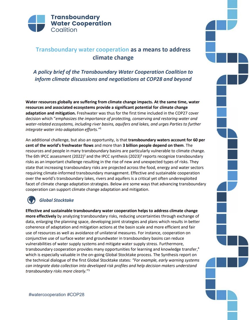 GWPnews's tweet photo. 🌎 #Ecosystems know no borders.
#WaterCooperation should be considered in #ClimateDiscussions and negotiations at #COP28 and beyond.
Explore Transboundary Water Cooperation Coalition Policy Brief 👉 https://t.co/xWmYJsD8vb https://t.co/ldkXdxB9l5