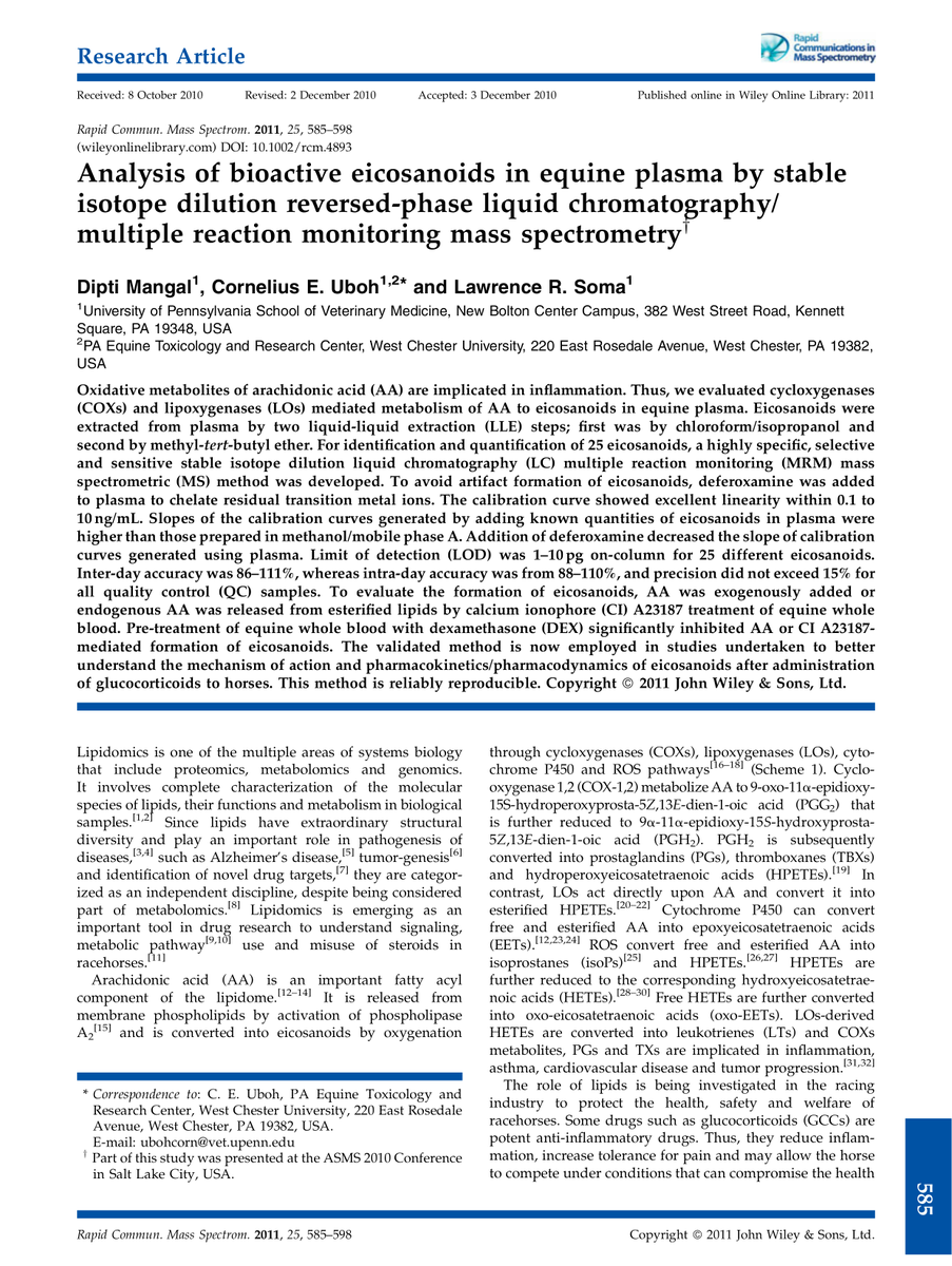 Analysis of bioactive eicosanoids in equine plasma by stable isotope dilution reversed-phase liquid chromatography/multiple reaction monitoring mass spectrometry eurekamag.com/research/051/5…