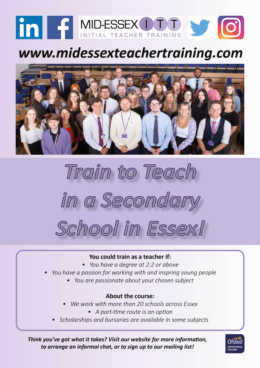 BraintreeVIForm's tweet photo. Have you, or someone you know, ever considered a career in teaching? Notley High School &amp; Braintree Sixth Form is the home of Mid Essex Initial Teacher Training which guides up to 60 trainees through their training every year. Give us a call now on
01376 556398. https://t.co/j4dtxBade5