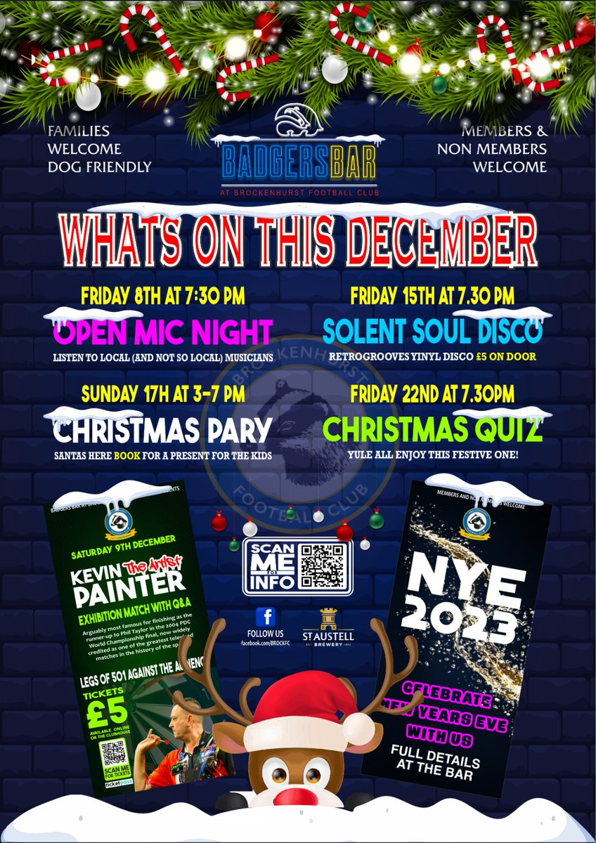 WHAT'S ON THIS DECEMBER

The Badgers Bar has plenty going on this December

08/12 Open Mic
09/12 Kevin Painter Darts
15/12 Solent Soul
17/12 Kids Christmas Party
22/12 Xmas Quiz
31/12 New Year's Eve Party

Please feel free to repost, come &amp; join in the Festive Events <a href="/Brock_FC/">Brockenhurst FC</a>
