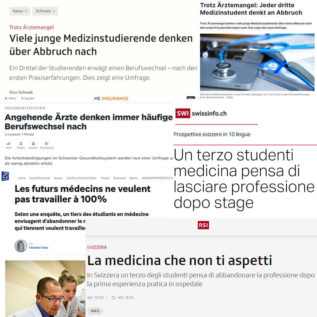Die Umfrage der swimsa wurde von den Medien breit aufgenommen: nach dem Wahlstudienjahr überlegen sich 1/3 der Medizinstudierenden, den Beruf gar nicht anzutreten. Dies muss mit besseren Arbeitsbedingungen und Work-Life Balance verhindert werden. 
👉 lnkd.in/es6Mkr3p