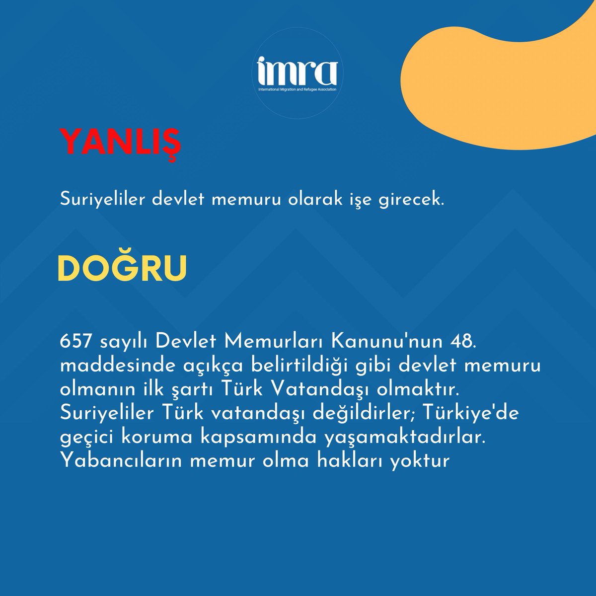 imraorg's tweet photo. DOĞRU BİLİNEN YANLIŞLAR ! 
@ESAREA 
#imra #göç #mülteci #yanlış #doğru #suriye #göçmen #sosyaluyumlagüçleniyoruz #sosyaluyum https://t.co/ASwHDPNqet