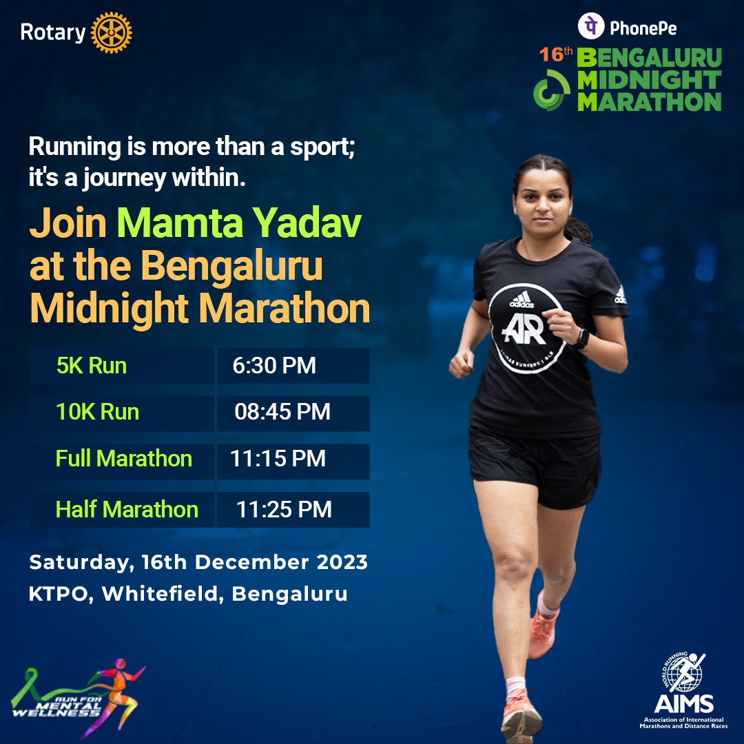 We are excited to have Mamta Yadav on board, championing the cause of mental wellness through the PhonePe Bengaluru Midnight Marathon 2023. Let's run for a purpose - Register today: bit.ly/3FCqqST

#BMM #FitIndia #marathon #marathon2023 #running #RegisterNow
