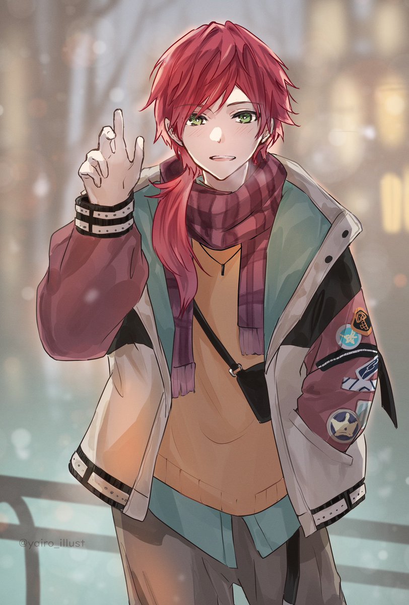 1boy male focus scarf green eyes red hair solo jacket  illustration images