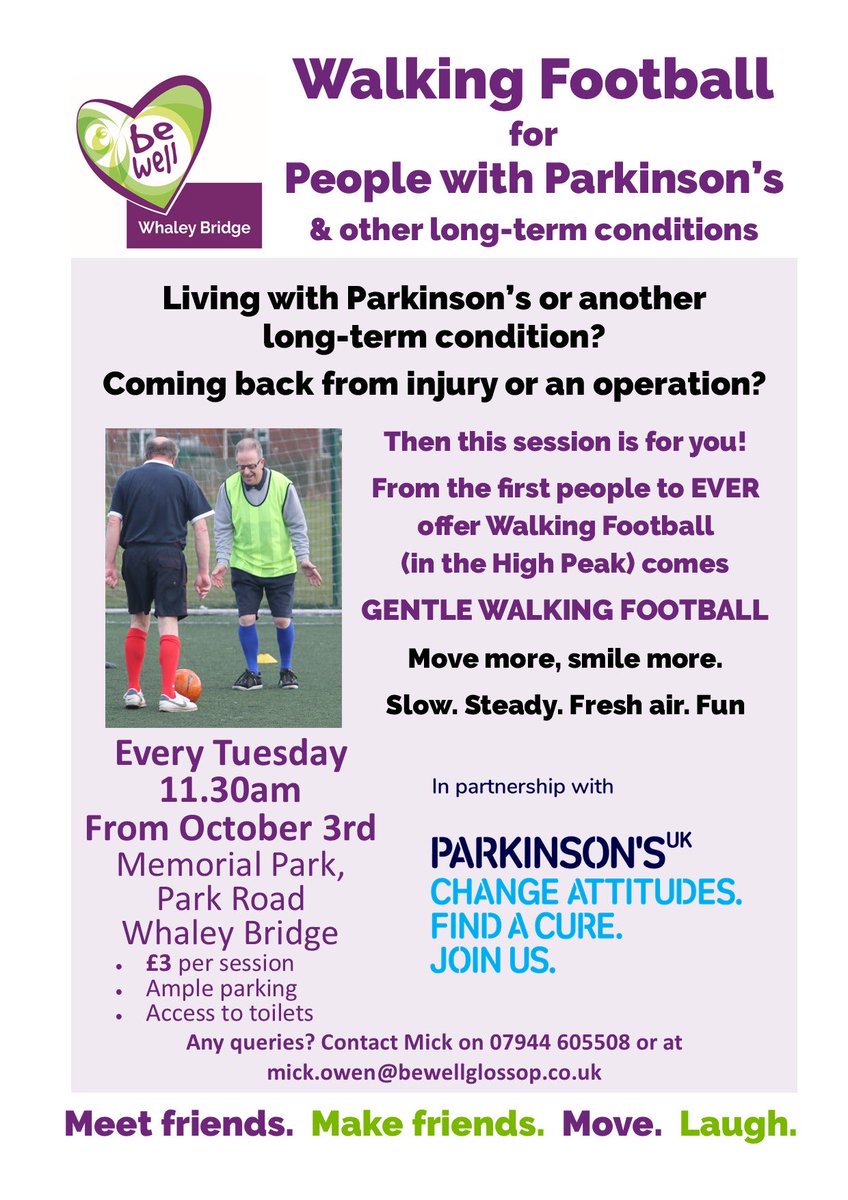 <a href="/BeWellGlossop/">Be Well</a> have a fantastic initiative of Walking Football for those with #Parkinson's &amp; other long-term conditions! 🙌 ⚽
Every Tuesday at 11:30 in #WhaleyBridge Memorial Park, it is just £3 to play with parking &amp; toilets onsite. 👌
Simply turn up or contact Mick 07944605508