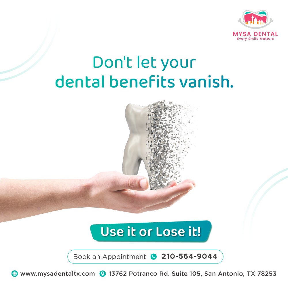 Schedule that check-up and get those treatments done. Don't let your dental benefits slip away. Make the most of your coverage before the year ends.

Call: 210-564-9044
Visit: mysadentaltx.com

#MysaDental #Useitloseit #Dentalinsurance #DentalClinic #SanAntonio #Texas