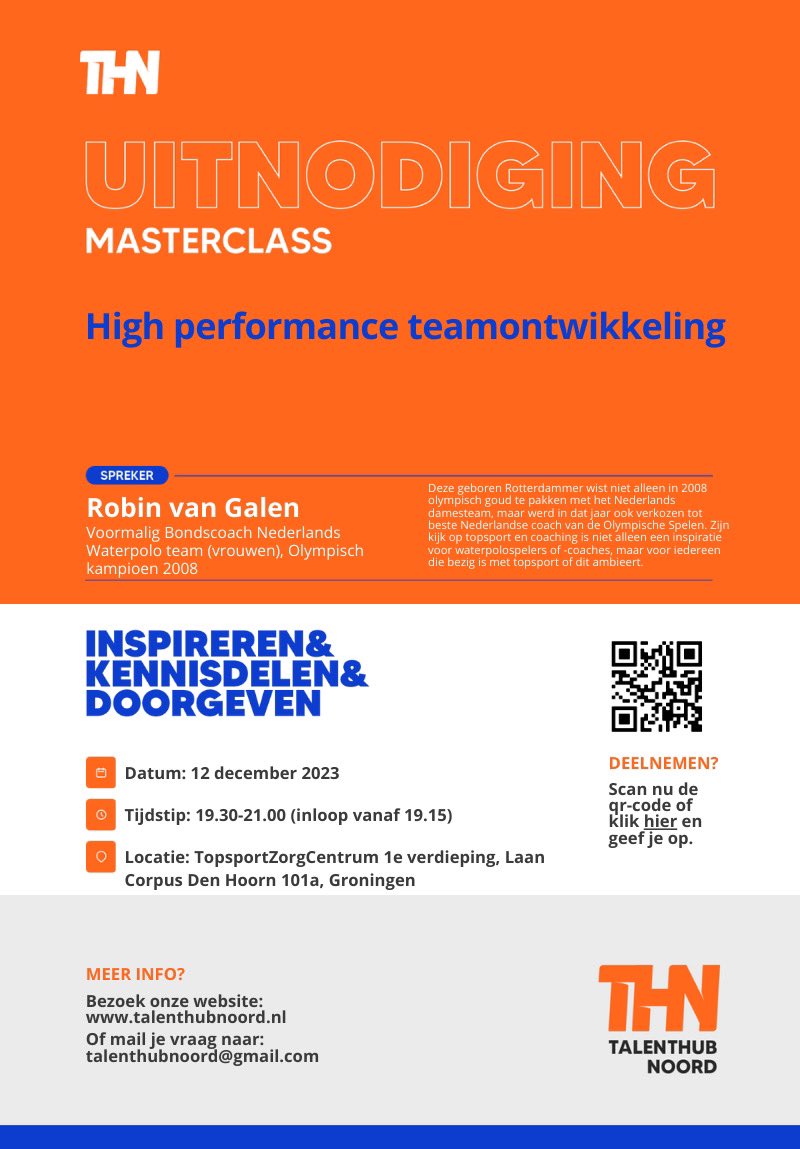 Volgende week vindt de Masterclass met <a href="/Robinvangalen/">Robin van Galen</a> plaats!

Meld je aan via: fd7.formdesk.com/talenthubnoord…

#masterclass #groningen #coaching