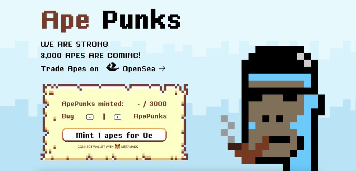 NFTs are finally back! The bullrun is finally back!🤯

⚡️Your last chance to mint an OG Ape Punk from 2021 is now: apepunks.co

The team from apepunks loves the original CryptoPunks collection but they always thought that there's just not enough of non-human