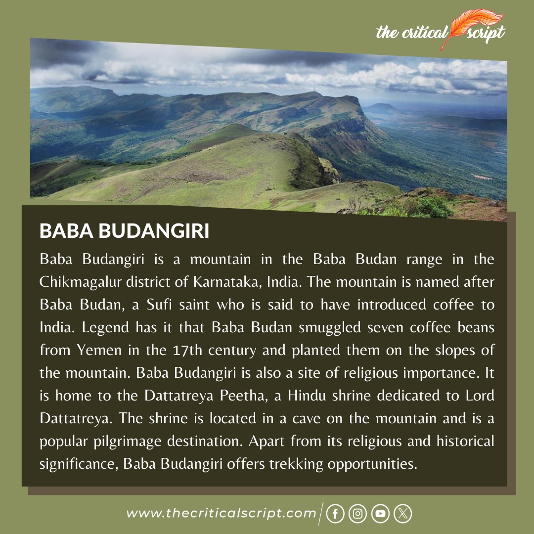Explore the mysterious Baba Budangiri mountain in Chikmagalur, Karnataka. Named after Sufi saint Baba Budan, it's the birthplace of Indian coffee, with a legend of seven smuggled beans planted in the 17th century. 
#bababudangiri