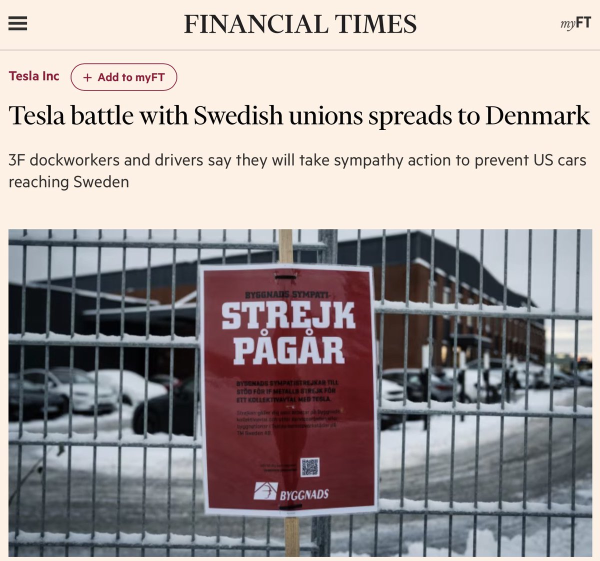 Solidarity with Nordic unions taking the fight to Tesla. Elon Musk will lose. ✊