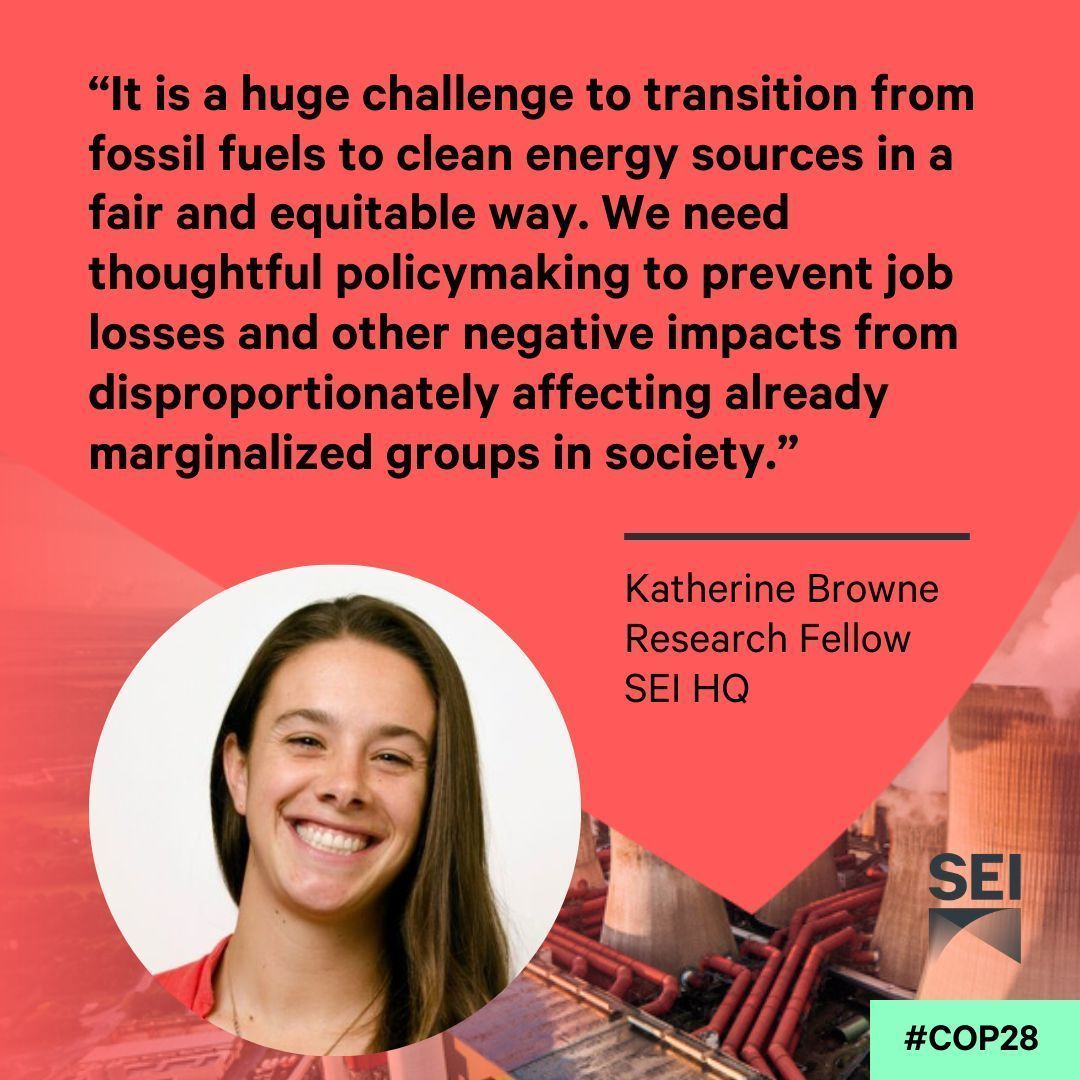 🔴 STARTING SOON Join SEI's @Perssonasa, @KTBrowne and @ZShawoo at #COP28 for a discussion on 'Designing coherent and equitable climate policies for a #JustTransition.' 🕐 18:30 UAE | 15:30 CET 📍 Room 7 – Blue Zone, Expo City Dubai 📽️ buff.ly/46GyfSl
