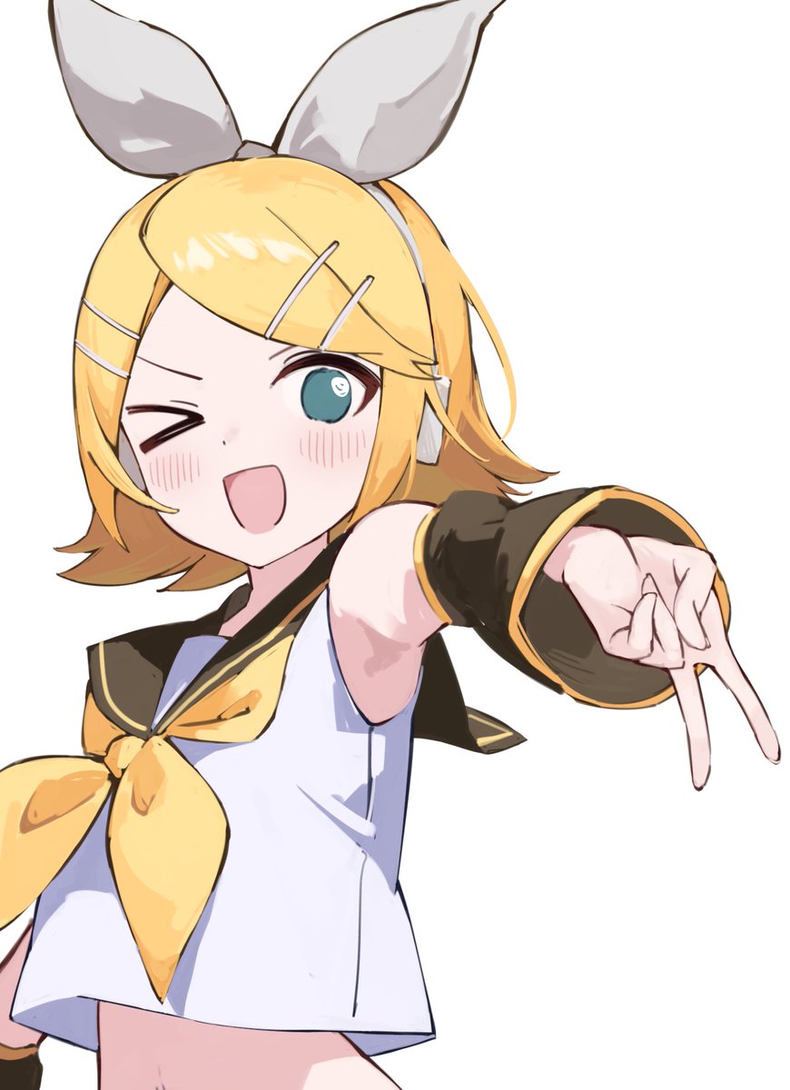 kagamine rin 1girl one eye closed blonde hair hair ornament v solo > o  illustration images